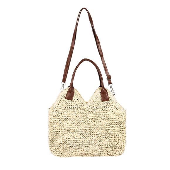 Fame Handbags - Fame Straw Braided Faux Leather Strap Shoulder Bag